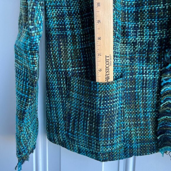 Dialogue Tweed Jacket 2 Pockets Front Closure Long Sleeve Fringe-Edged Teal W 10 - Picture 8 of 13